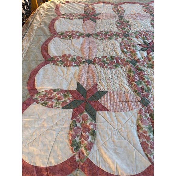 Vintage Floral Wedding Ring Star Patchwork Quilt Pink Green Cottagecore queen - Picture 6 of 11